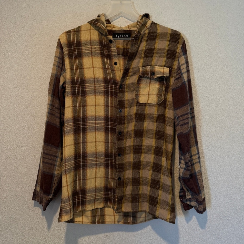 Reason Mens M/M Plaid Hooded Flannel Button Down Shirt Brown Beige Casual